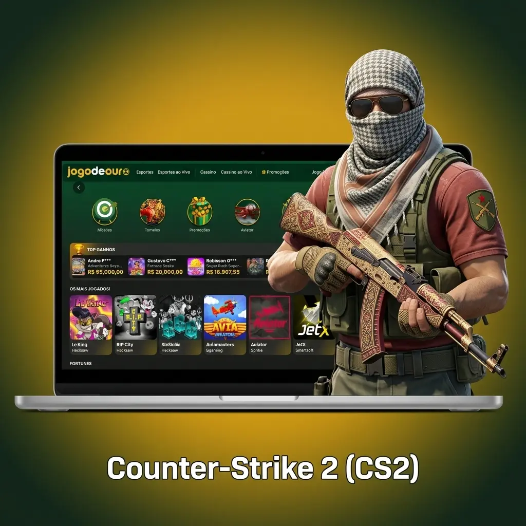Logotipo do Counter-Strike 2 (CS2), FPS tático da Valve com apostas esportivas no Jogo de Ouro
