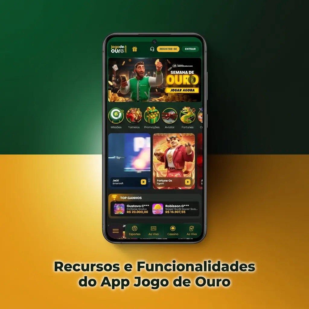 Recursos do app Jogo de Ouro: notificações push, streaming ao vivo, login biométrico e odds atualizadas em tempo real.