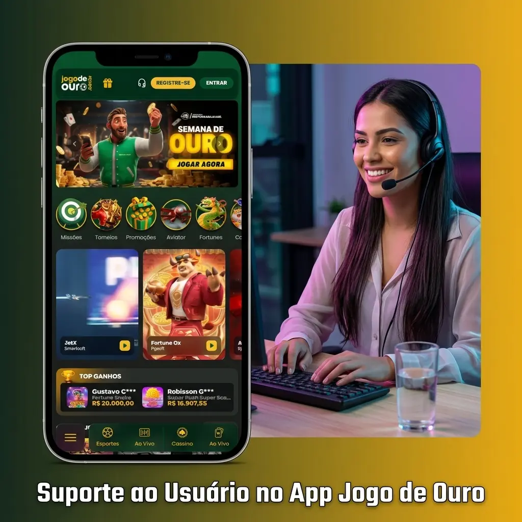Suporte ao usuário no app Jogo de Ouro com chat ao vivo, e-mail e perguntas frequentes em português