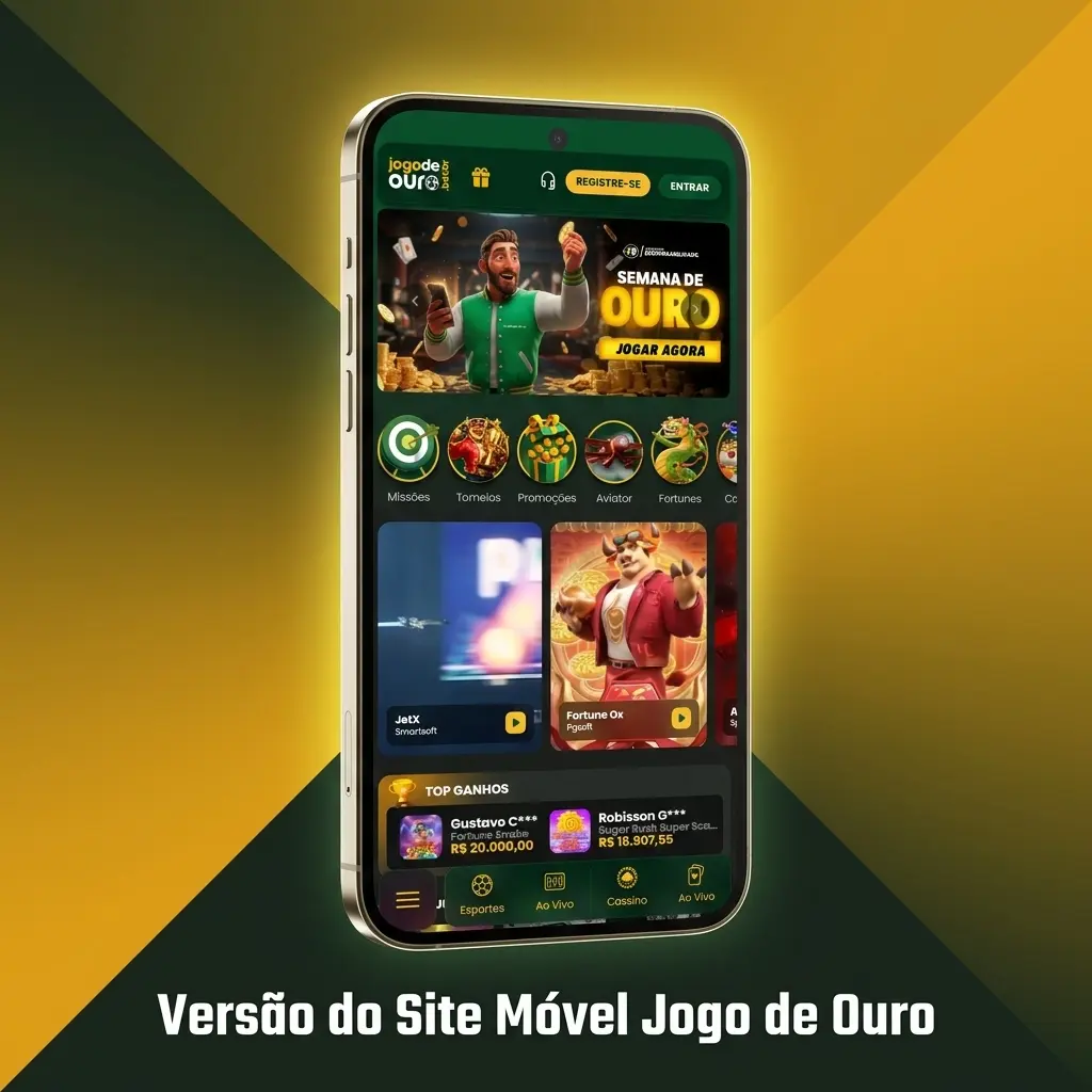 Interface móvel do site Jogo de Ouro adaptada para smartphones com apostas esportivas e cassino ao vivo